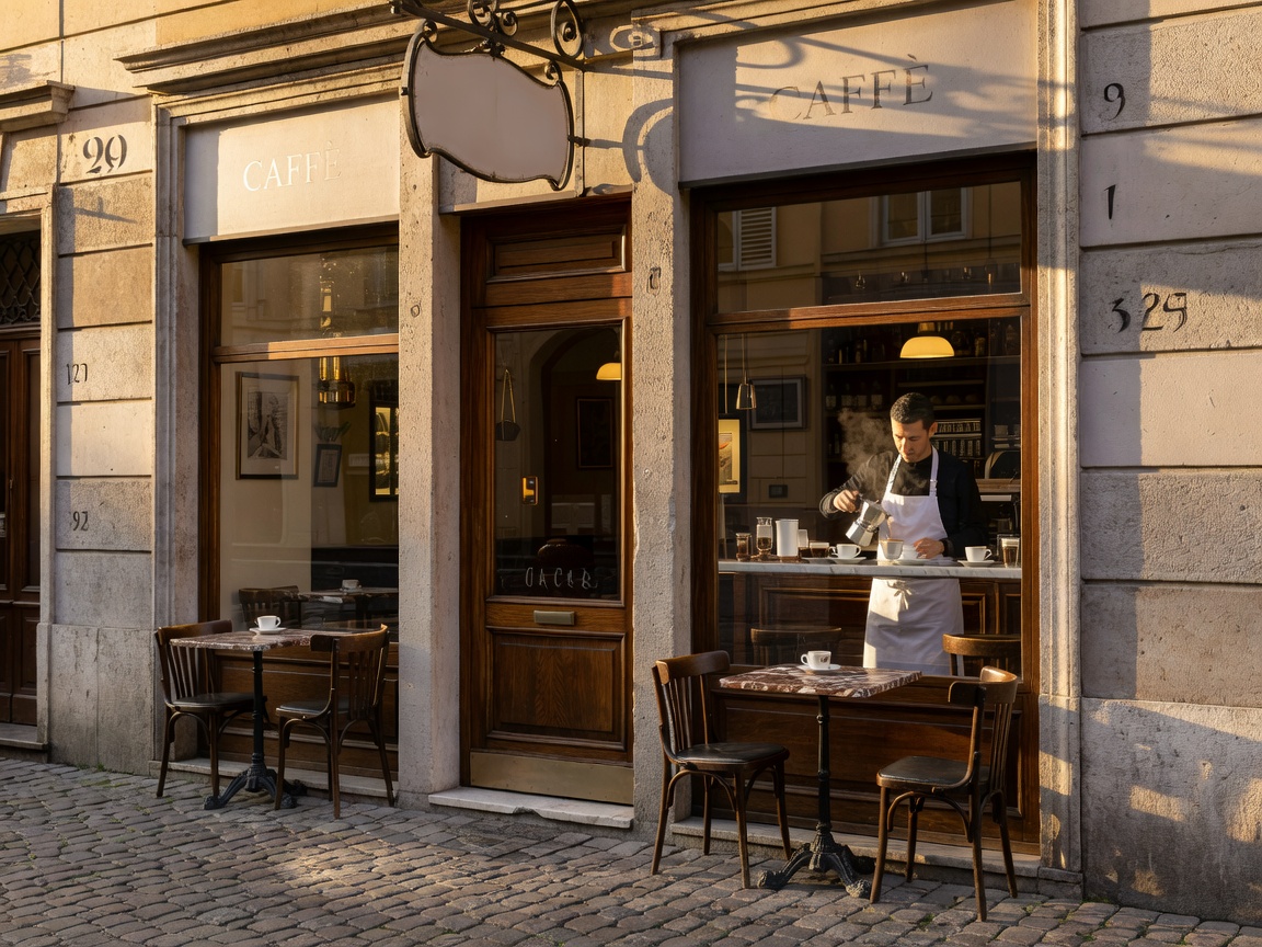 Intimate 18th century wood-panelled cafe with marble tabletops in Piazza della Consolata Turin