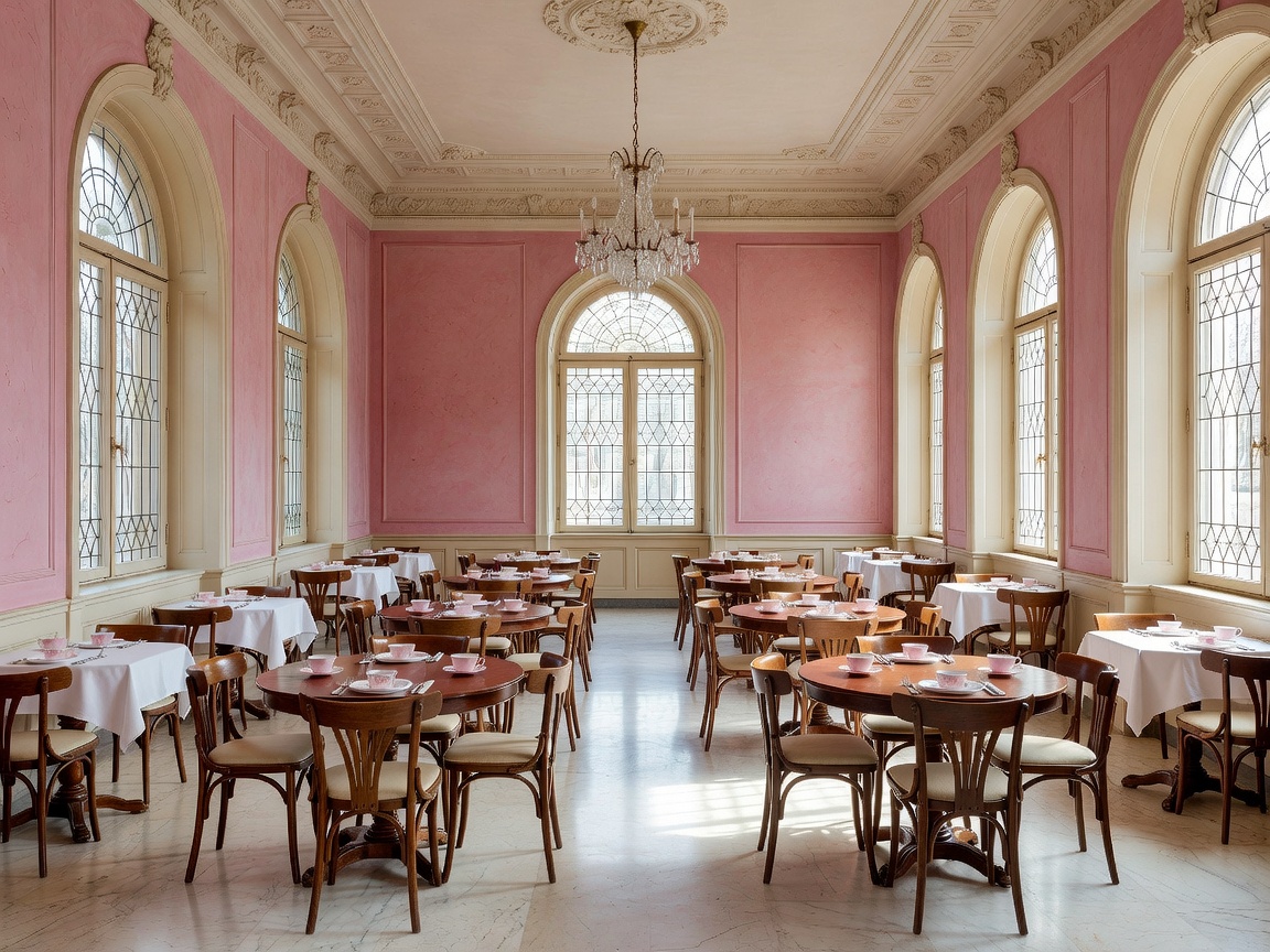 Classic pink and cream dining hall of historic Prague Café Louvre with tall arched windows