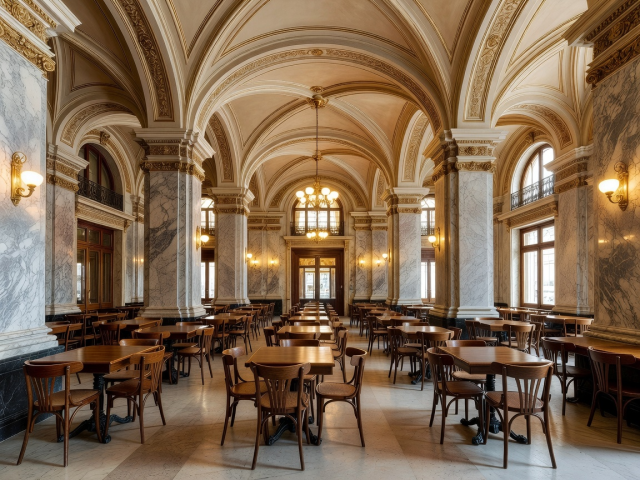 Grand interior of Café Central Vienna showing high vaulted ceilings and marble columns
