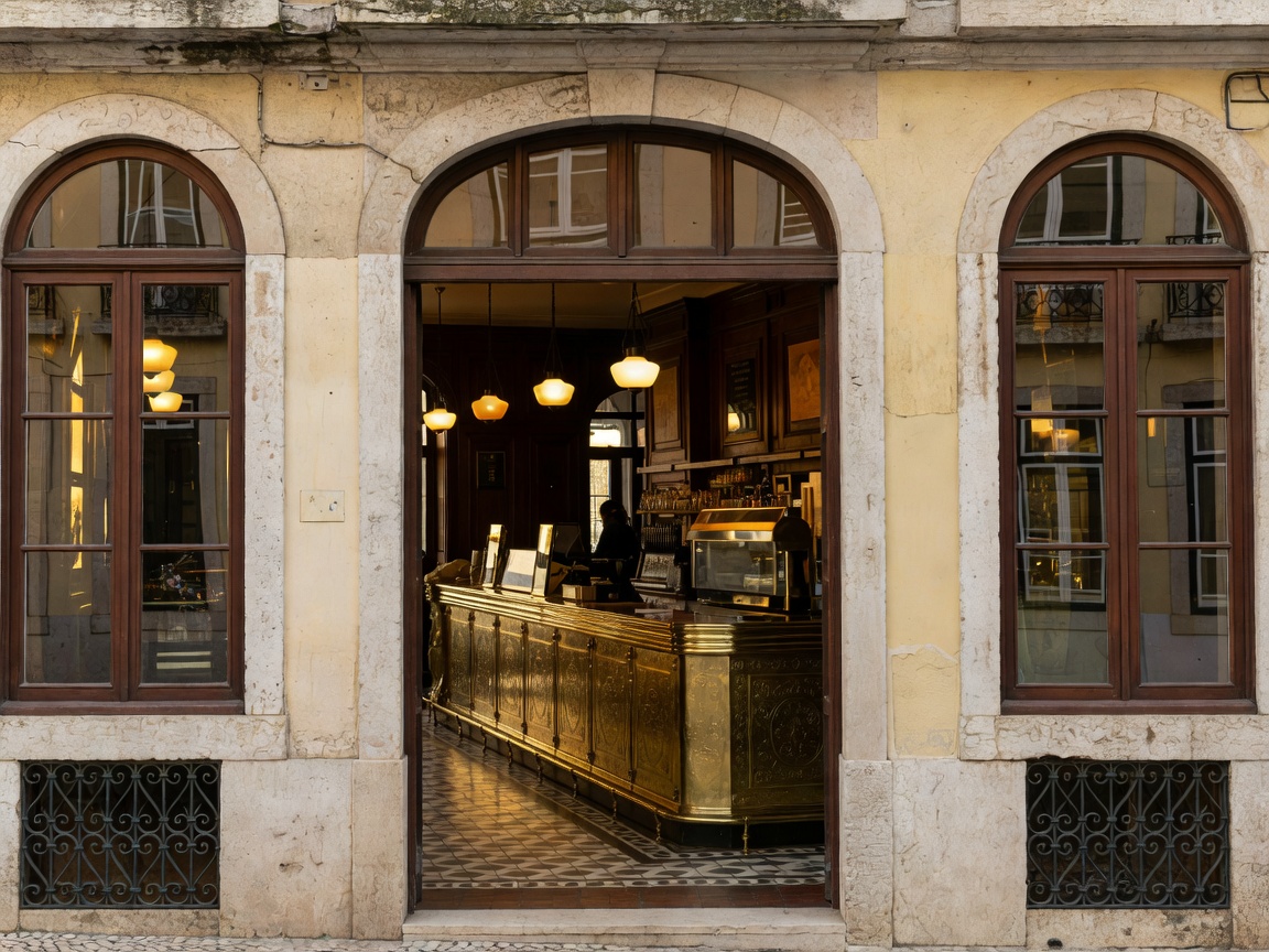 Historic Brazilian coffee house facade and brass counter in Chiado Lisbon