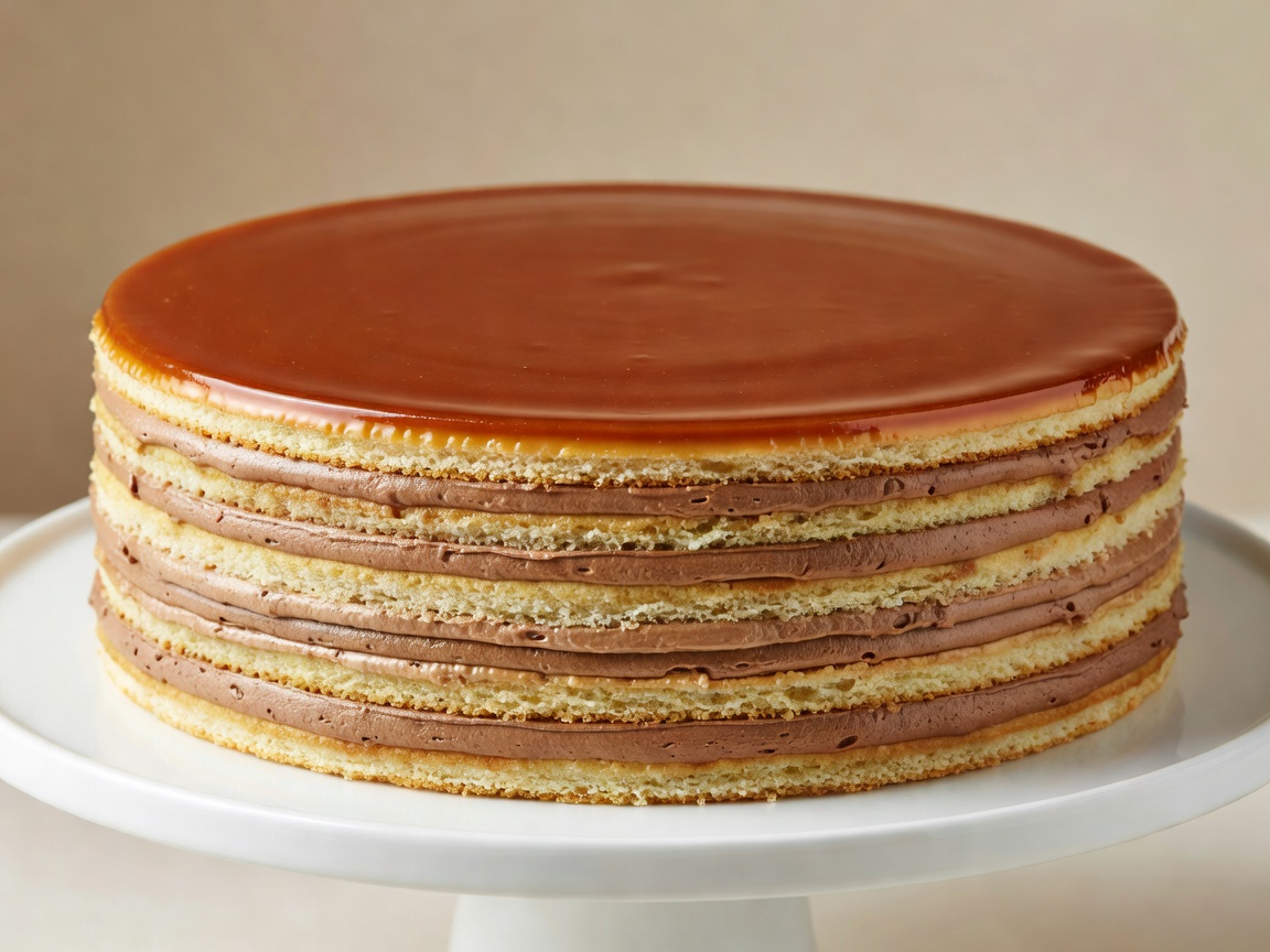 Layered Dobos torte sponge cake with glossy hard caramel top