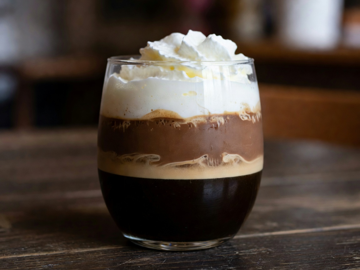 Layered Piedmontese Bicerin drink in clear glass showing espresso chocolate and cream layers
