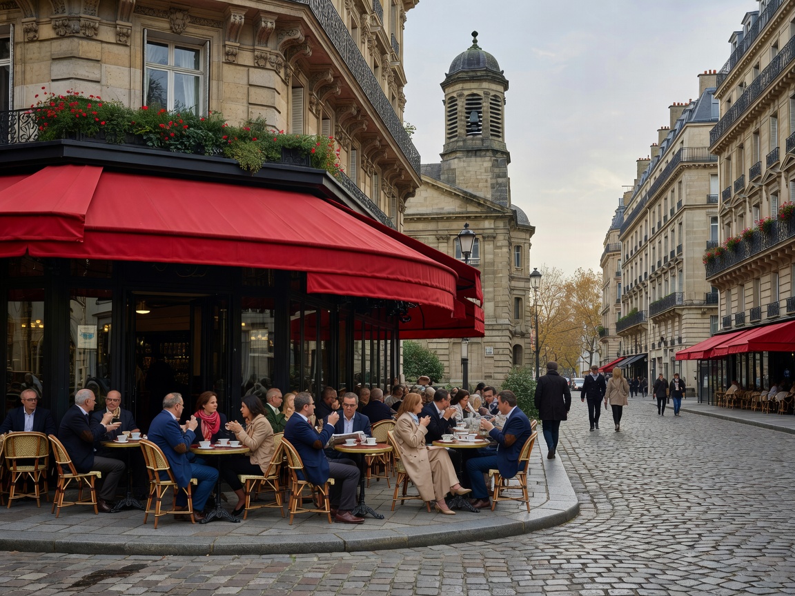 Outdoor wicker terrace chairs and awning of Parisian Left Bank literary café Café de Flore